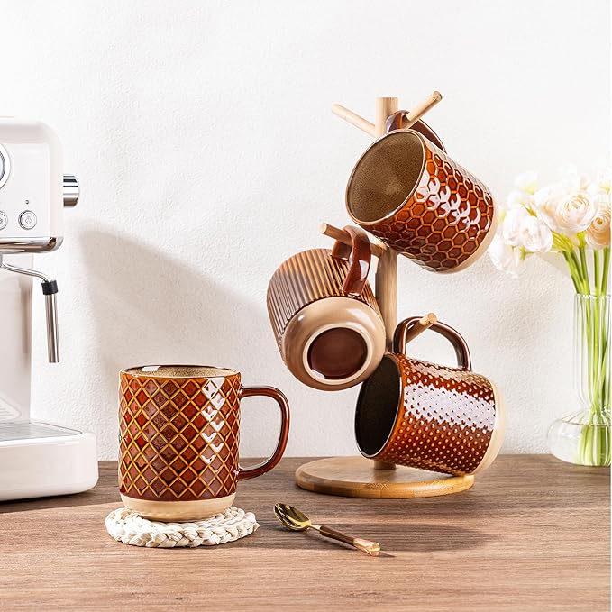 GBhome Large Coffee Mugs Set of 4, 12oz Handmade Stoneware Coffee Mugs Set with Large Handle for Cappuccino/Latte/Tea/Hot Cocoa, Dishwasher & Microwave Safe, Caramel