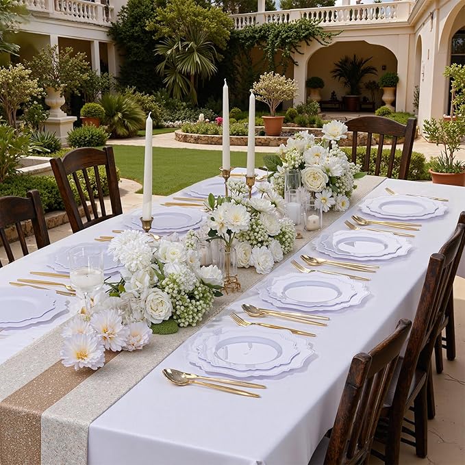 COLOSUS 60PCS White Plastic Plates for 30 guests-Fancy Plastic Beaded Plates,Disposable Christmas plastic plates,Include 30 PCS 10.5" Dinner Plates & 30PCS 8.25" Dessert-Platos for Christmas