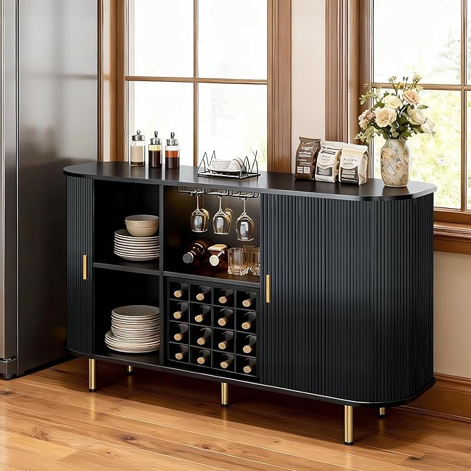 DHH 55" Wine Bar Cabinet with Storage, Fluted Liquor & Coffee Bar Cabinet with Wine Rack and Glass Holder, Buffet Sideboard with LED Lights for Home Kitchen Living Dining Room (Black)
