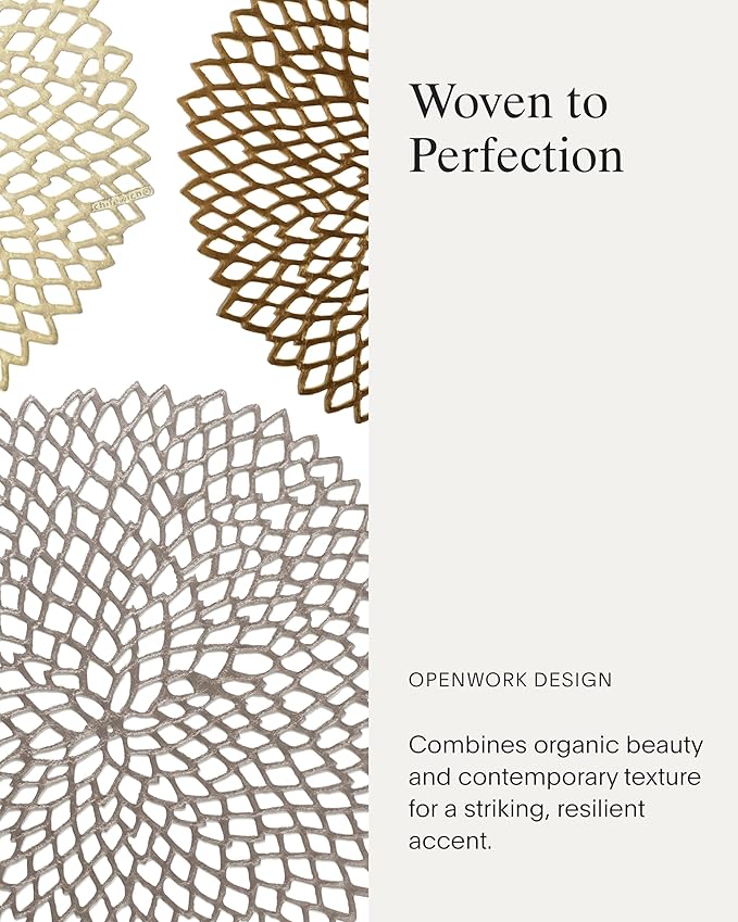 Chilewich Set of 8 - Pressed Dahlia Placemats in Champagne - Easy Care Openwork Table Mats - Indoor/Outdoor - 15.25'' x 14.25'' Round Chargers