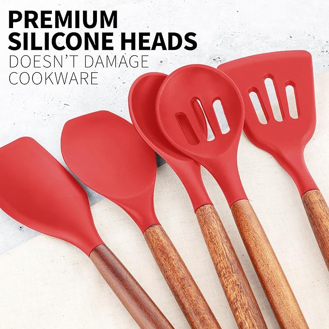 Zulay Kitchen Utensils Set Non-Stick Silicone Cooking Utensils Set with Authentic Acacia Wood Handles - 5 Piece Silicone Utensil Set - Kitchen Utensils Set with 464째F Heat Resistance - Red