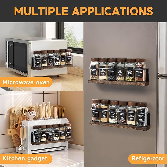 Wooden Lid Magnetic Spice Rack with 12 Jars, 216 Labels, 1 Steel Funnel for Refrigerator竊똌icrowave Oven - Full Set of Spice Organizer