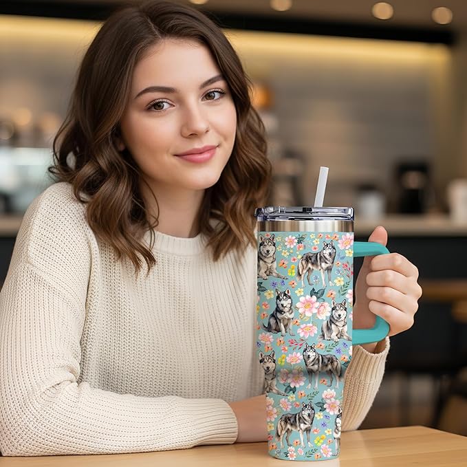 Yogusut Siberian Husky Gifts for Women, 40oz Stainless Steel Insulated Tumbler Travel Mug Cup with Handle Straw, Gifts for Dog Mom Dog Lover