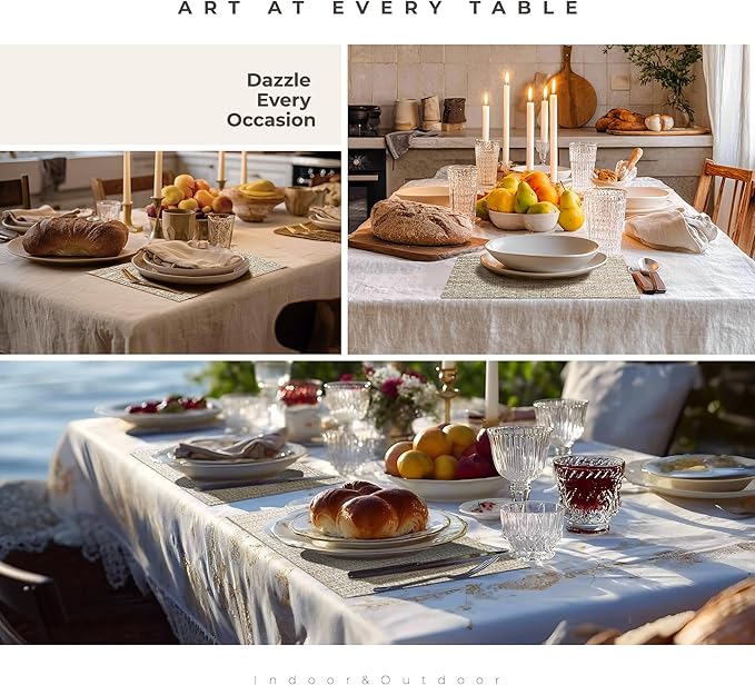 Leetaltree Luxury Beige and Gold Woven Placemats Set of 12 - Waterproof Washable Textured Table Mats for Wedding, Anniversary, Daily Use - Sparkling Metallic Thread Table Decor - Hand-Cut