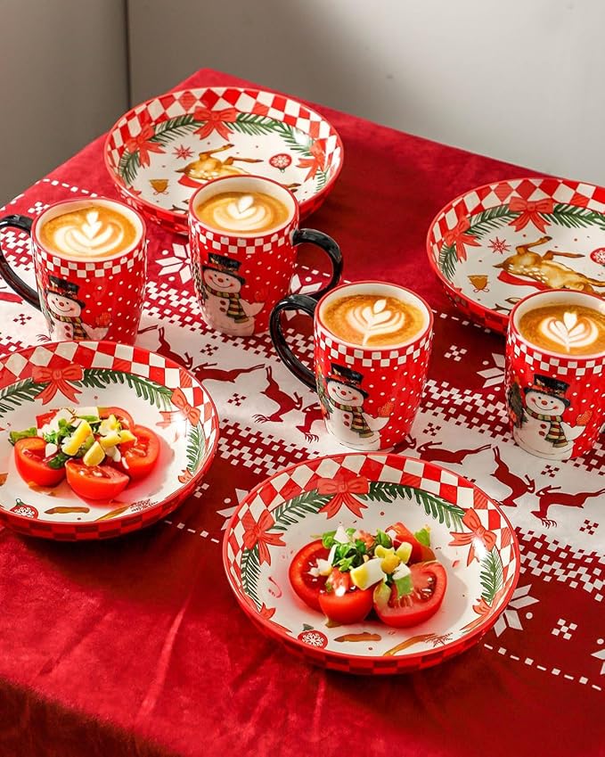 HASENSE Christmas Dishes,42OZ Pasta Bowl Set of 4, Ceramic Soup Bowl for Holiday Serving, Christmas Gifts for Women,Family, Friends,Seasonal Table D챕cor, and Winter Family Meals, Colorful