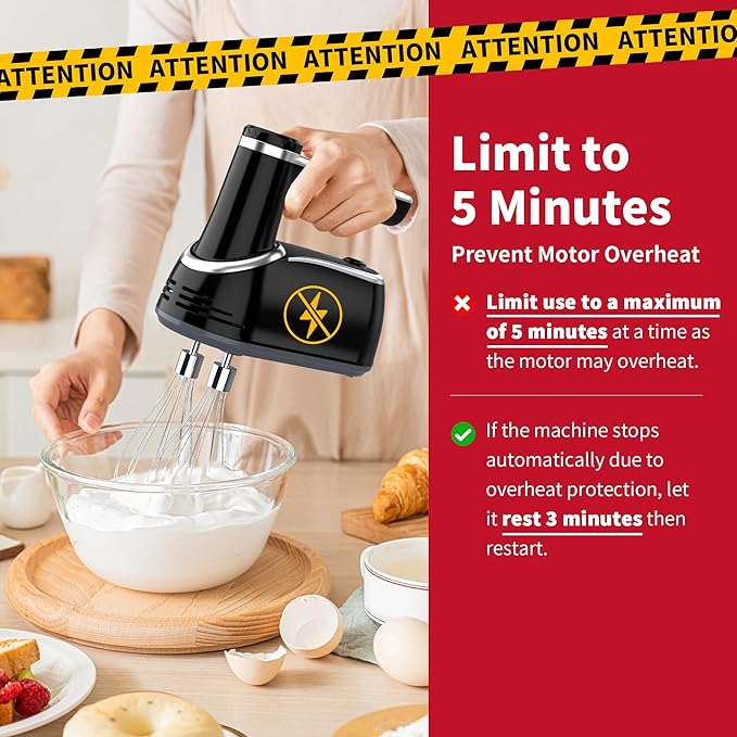 Cordless Hand Mixer, 12-Speed Rechargeable Electric Handheld Mixer with 6 x 304 Stainless Steel Attachments (2 Whisks, 2 Beaters, 2 Dough Hooks) & Storage Case, for Baking, Eggs, Cakes (Black)