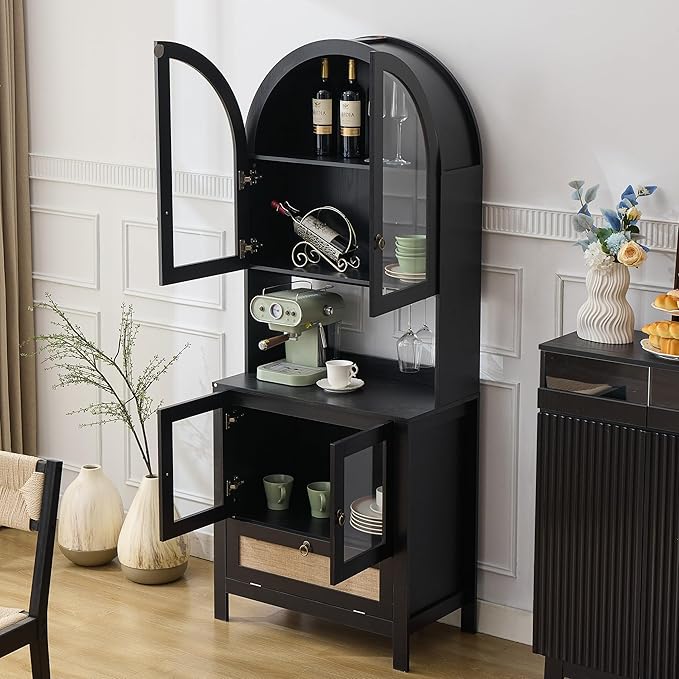 TYBOATLE 75'' Tall Arched Pantry Cabinet w/Accessible Storage Area, China Cabinet w/Anti-Tipping Device and Innovative Drawer, Versatile Cupboard for Kitchen, Dining (Black)