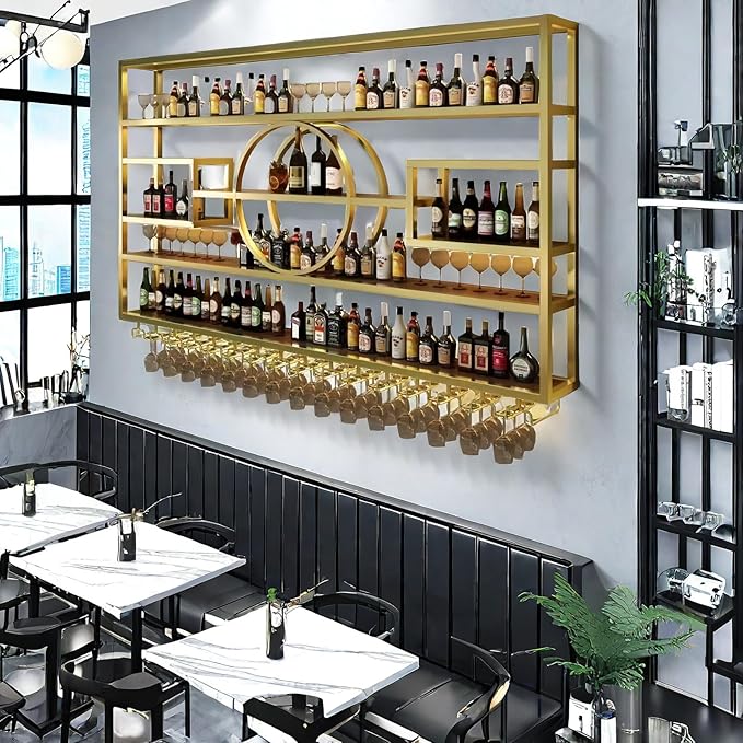 59" Metal Wine Rack Wall Mounted, Multi Functional Bar Shelves for Liquor Bottles with Glass Holder, Modern Wood Bar Shelves Wall Mounted for Home Bar & Dining Room, Gold(57" Height)