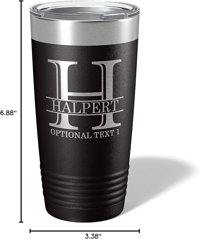 Personalized 20oz (17 Colors) Powder Coated Insulated Stainless Steel Tumbler with Lid, Custom Etched, Customized Engraved Gift Idea for Women Men Her Him, Halpert Monogram Initial Name (Black)