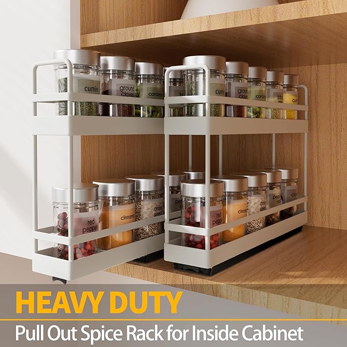 Finnhomy Pull Out Spice Racks for Inside Cabinets, Whole Metal Manufacturing, Vertical Spice Rack Pull Out, Spice Organizer, 2.16" W 횞 10.39" D 횞 9.76" H, 2 Drawers & 2 Tiers, 2 Pack, Light Gray