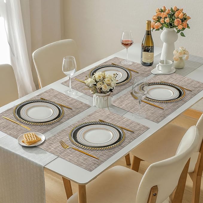 LANDVIEW Vinyl Placemats Set of 6, PVC Woven Washable Non-Slip Table Mats, Heat Resistant Wrinkle Free Place Mats for Dining Table, Easy to Clean (6, Cappuccino)
