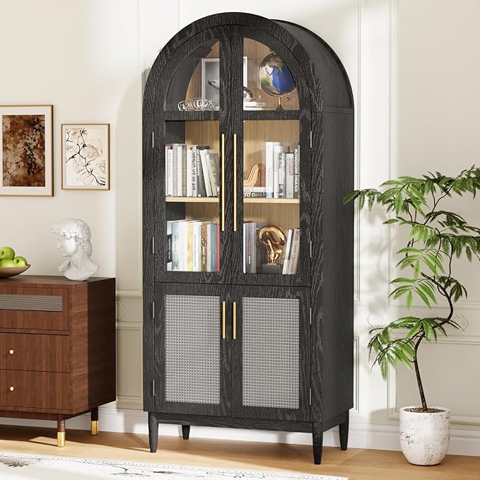 71?쒪rched Kitchen Pantry Cabinet, Stylish Arched Bookcase & Multi-Use Storage Cabinet with Glass & Rattan Doors, Ideal as Kitchen Pantry, Living Room Display, or Entryway Organizer ??Black