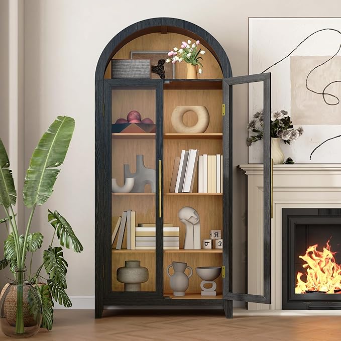 Vlsrka 71" Arched Storage Cabinet with Doors, Display Cabinet with LED Light & Human Sensor, 5-Tier Display Cases for Collectibles, Curio Cabinet with Ajustable Shelf for Living Room(Black+Wood)