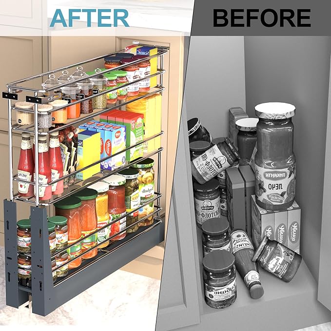 Pull Out Spice Rack for Narrow Cabinet (4⅛" W X 19⅔" D), Heavy Duty 3 Tier narrow PullOut Cabinet Organizer and Slide Out Shelves for inside Base Cabinets, Filler Pantry Storage