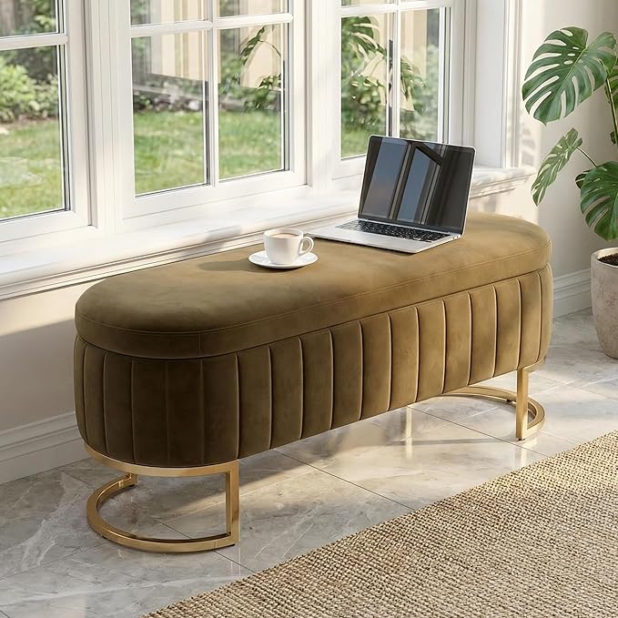 VIROL 51 Inch Storage Ottoman Bench Velvet End of Bed Storage Bench King Size Upholstered Tufted Bench Large Space for Bedroom Living Room Entryway Coffee