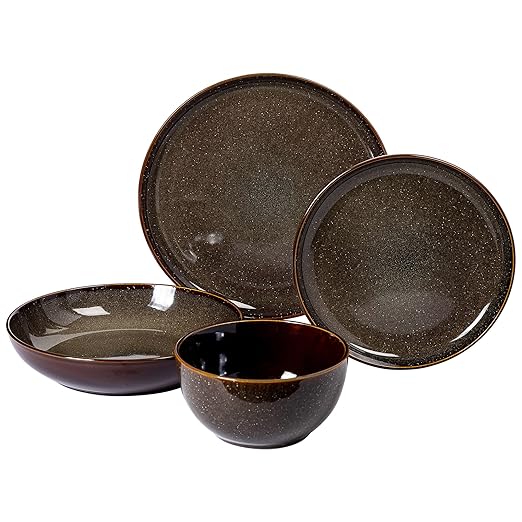 Gibson Elite Edwina 16-Piece Double Bowl Dinnerware Set, Service for 4 ??Dark Green Stoneware Plates and Bowls