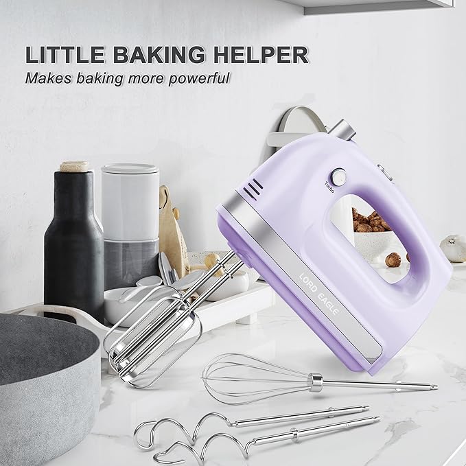 Lord Eagle Hand Mixer Electric 400W, 5 Speed handheld Mixer, 5 Stainless Steel Accessories for Baking Cake Egg Cream Food Beater, Turbo Boost/Self-Control Speed + Eject Button, Purple