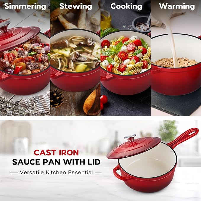 Onader Cast Iron Sauce Pan Pot, 3QT Small Saucepan with Lid, Enameled Cast Iron Dutch Oven Cooking Kitchen Pot, Nonstick & Heavy Duty ??Red
