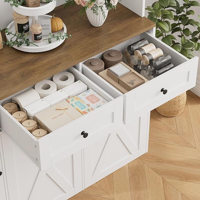 HOSTACK 71"H Kitchen Trash Can Cabinet, 12.5 Gallon Double Pull Out Garbage Can Hutch Cabinet with Trash Bin Storage Holders, 47" Wide Kitchen Pantry with Hidden Garbage Storage for Dining Room, White