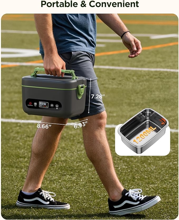 KPPTYUNM Cordless Electric Lunch Box for Adults竊?0000mAh Rechargeable Heated Lunch Box with Self Heating & 1.2L Portable Food Warmer for Work Travel Car(Gray-Green)