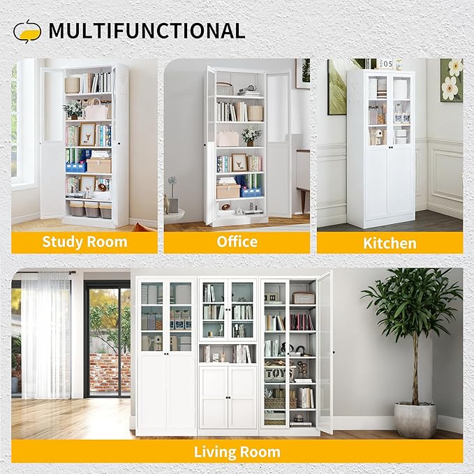 Pantry Cabinet with Glass Doors, 72??Kitchen Storage Cabinets with 5 Adjustable Shelves, Kitchen Pantry Cabinet with Ventilation Holes and Hooks for Home, Living Room, Pantry (White)