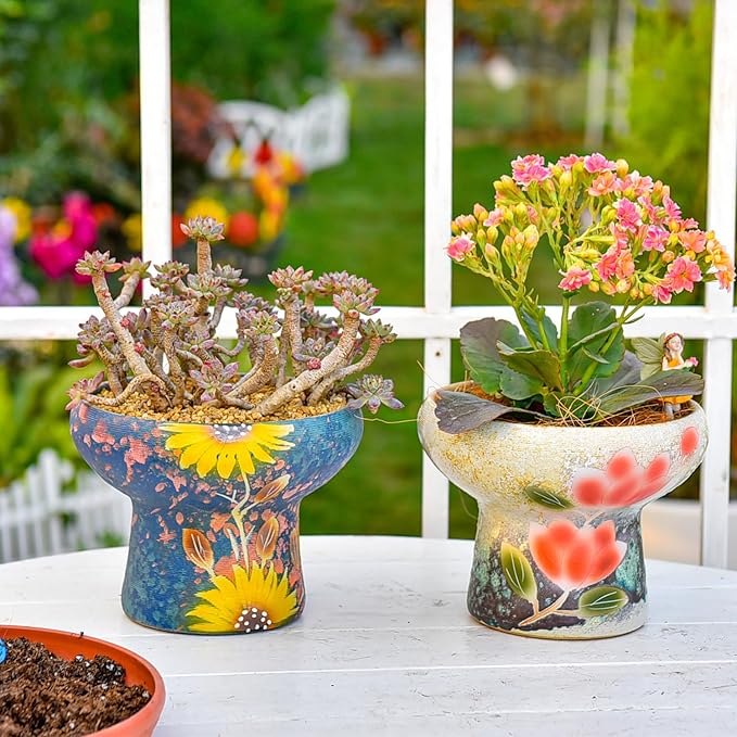Sungmor 7.5 Inch Large Succulent Plant Pots, Pretty Hand Painted Ceramic Planter with Drainage, Indoor Outdoor Cactus Planter Bonsai Pot, Flower Pot for Indoor Plants Garden Windowsill Desktop Decor
