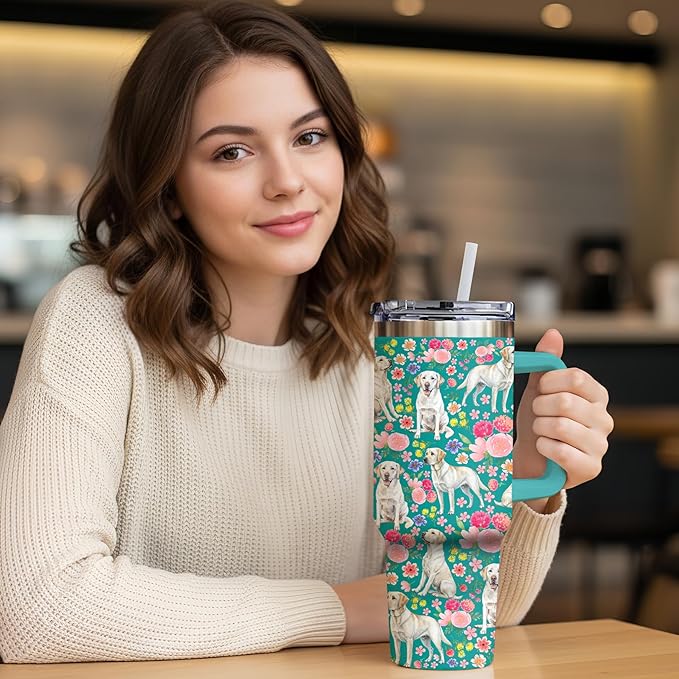Yogusut Labrador Retriever Gifts for Women, 40oz Stainless Steel Insulated Tumbler Travel Mug Cup with Handle Straw, Gifts for Dog Mom Dog Lover