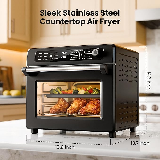 Kismile 25QT Air Fryer Toaster Oven Combo, 12-in-1 Large Countertop Convection Airfryer Oven, 70??50?? Bake, Roast, Reheat, Broil, Fits 12??Pizza, Includes Full Accessories, Stainless Steel(Black)