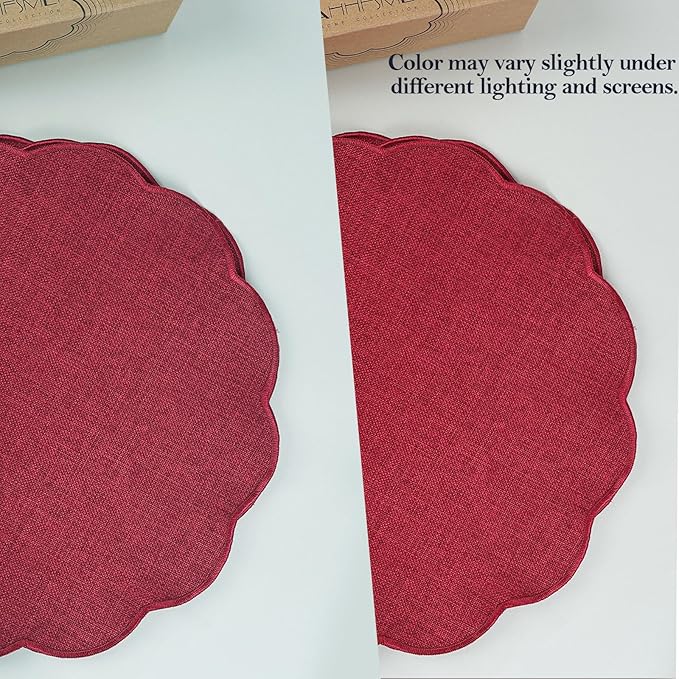 AHHFSMEI Round Faux Linen Placemats Set of 6 Waterproof Table Mats Heat Resistant Non-Slip and Stain Proof for Kitchen Dining Elegant Decor (Burgendy red,6)