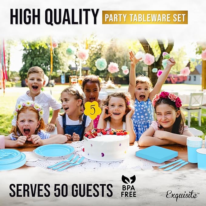 Exquisite 350 Pcs Light Blue Paper Plates For Party, Light Blue Disposable Plates Set, 50 Of Each 9" Dinner Plate Set, 7" Dessert Plate, Cups, Napkins & Cutlery Paper Dinnerware