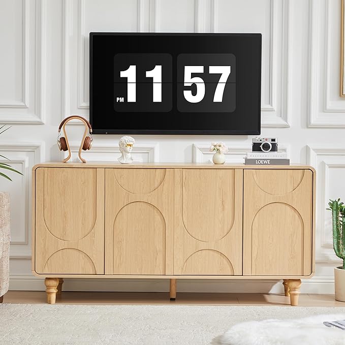 Mid Century Modern Sideboard Buffet Cabinet with Storage, Kitchen Sideboard Credenza Storage Cabinet with Doors and Shelves for Home Coffee Bar, Dining Room, Office, Entryway - Natural