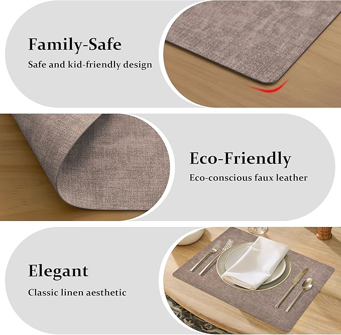 FROMHEART Faux Leather Placemats Set of 6?밯aterproof,Heat/Oil Stain-Resistant PU Table Mat?밨eversible,Non-Slip,Easy to Clean Place Mats for Kitchen,Dining,Indoor/Outdoor,(Dark Coffee,11.8" x 17")