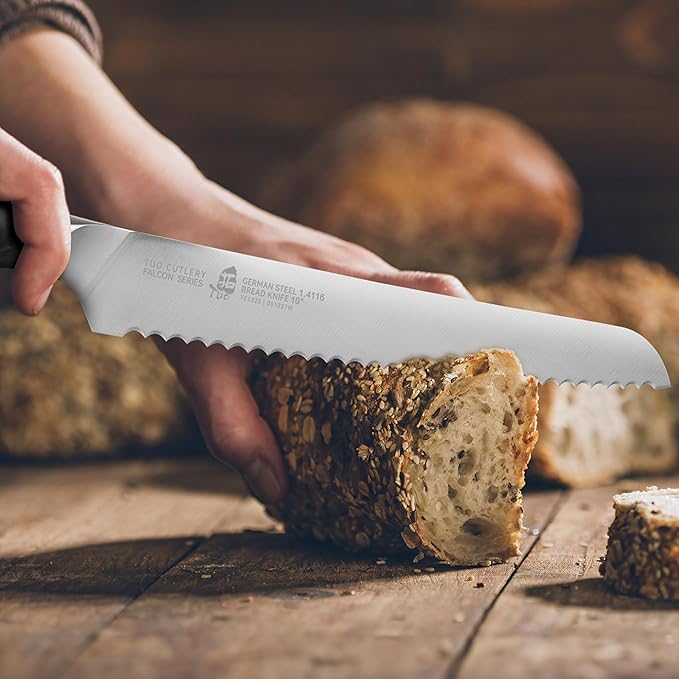 TUO Bread Knife, 10 inch Upgraded Serrated Knife for Homemade Sourdough Bread, High Carbon German Steel with Ergonomic Handle, Gift Box - Falcon Series