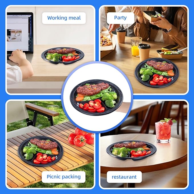 YANGRUI Disposable Plates BPA Free 9 Inch 150 Pack - Shrink Wrap Food Grade Mineral Filled PP | Reusable Microwave Safe Heat-Retention Design | Commercial Restaurant Black 3 Compartment Plastic Plate