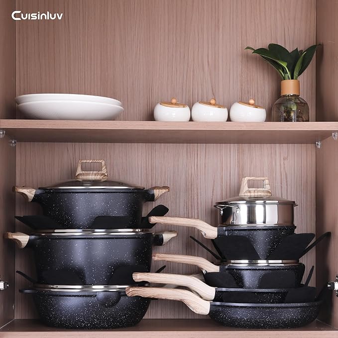 23-Piece Nonstick Pots and Pans Set ??Granite Cookware Set, PFOA-Free ??Includes Frying Pans, Saucepans, Griddle, Egg Pan ??Induction, Gas, Electric Compatible ??Black