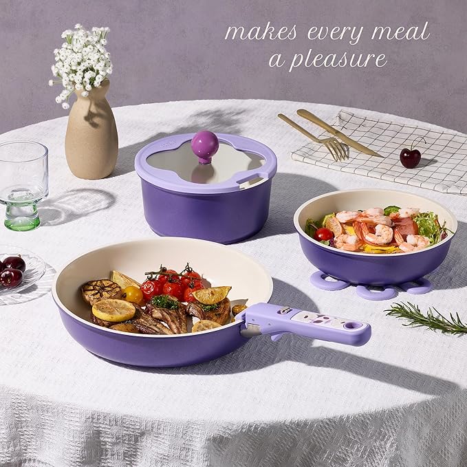 CAROTE 11pcs Ceramic Cookware Set, Pots and Pans Set Non stick, Induction Kitchen Cookware with Removable Handle, Dishwasher & Oven Safe, RV/Camping Cookware, PFAS Free, Purple