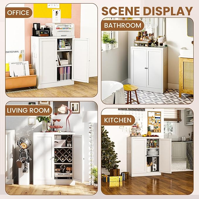 Metal Pantry Cabinet with 2 Adjustable Shelves, Small Kitchen Cupboard Storage Cabinet for Dining Room Living Room Bathroom Office(White)