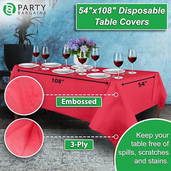 PARTY BARGAINS Disposable Table Covers, 54 x 108 Inch, Real-Red, 3-Ply Paper & Plastic Spill-Resistant Party Tablecloths, 5 Pack