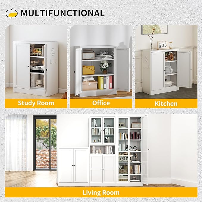 34.5" Metal Storage Cabinet with 2 Adjustable Shelves, Kitchen Pantry Cabinet with Ventilation Holes and Hooks for Home, Living Room, Pantry (White)