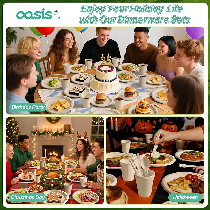 300PCS Disposable Paper Dinnerware Set for 50 Guests ??Compostable Includes 50 Each 6" Dessert Plates, 9" Dinner Plates, Spoons, Forks, Knives and Napkins, Ideal for Parties (Natural)
