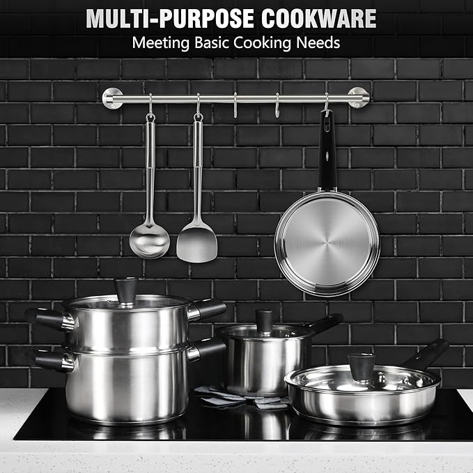 14Pcs Kitchen Pots and Pans Set, Stainless Steel Cookware Set Non Toxic, Induction Cooking Pot and Pan Set with Stay-Cool Handles, Healthy PFAS, PFOA, PFOS Free, Dishwasher Safe