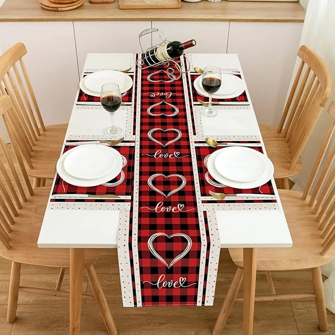 Valentine Placemats Set of 4, 12x18 Inch Buffalo Plaid Love Hearts Table Mats, Seasonal Anniversary Holiday Valentines Day Table Decorations for Kitchen Dining Home Party Decor