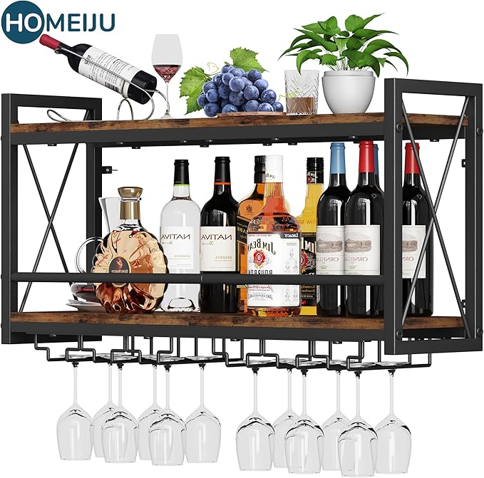 Homeiju Wall Mounted Wine Rack, Bottle & Glass Holder Wood-Metal Retro Wine Rack, Wine Bottles Display Wall Storage for Kitchen Dining Room Home Bar