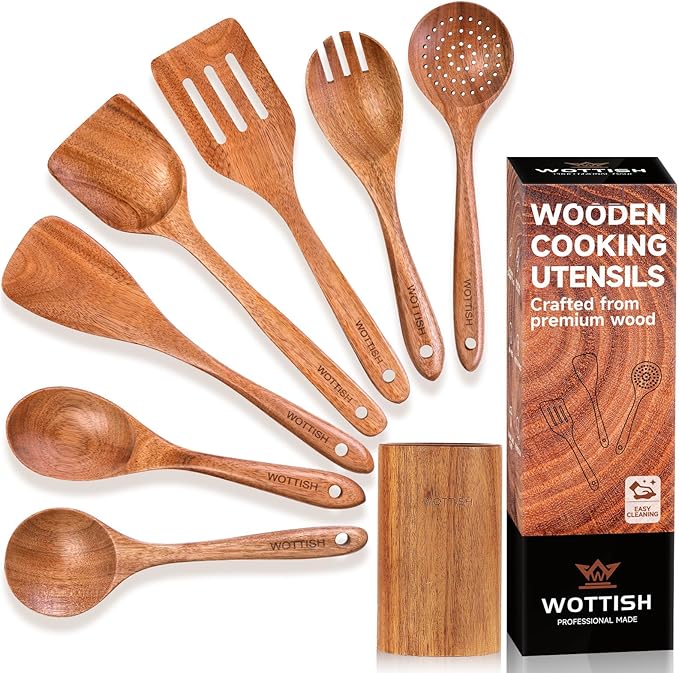 Wooden Spoons for Cooking - 8-Piece Wooden Kitchen Utensil Set made of Natural Solid Wood Material - Includes Spoons, Spatulas, Ladles, Strainer Spoon, Salad Fork, Mixing Spoon and Utensil Holder