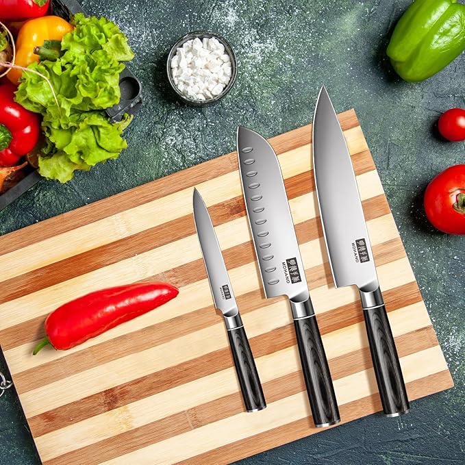 MDHAND Knife Set, 3PCS Professional Japanese Kitchen Knife Set, High Carbon Stainless Steel Chef Knife Sets with Balanced Pakkawood Handle, Including Chef, Santoku & Paring Knives, Elegant Box
