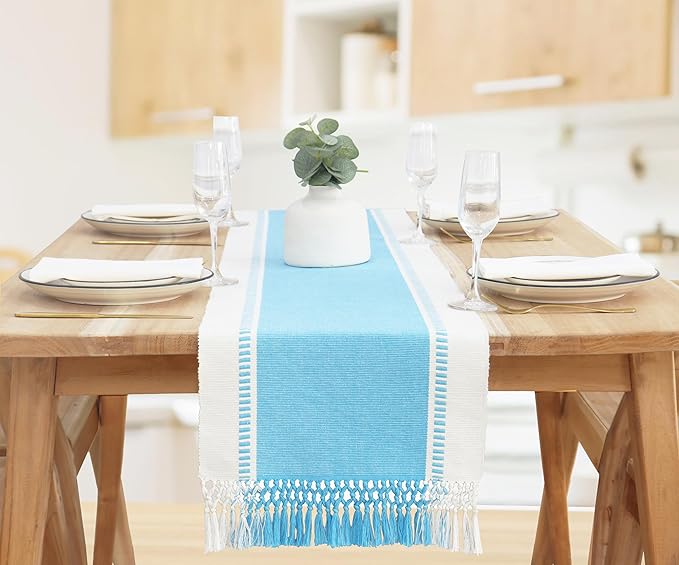 PurpleEssences Table Runner - Wide with Dobby Stripe, Heavy Ribbed Weave & Double Knot Fringes, 14x90 Inch (14x95.5 with Fringes) Boho Farmhouse Decor Christmas Holiday Winter - Aqua Blue and H.White