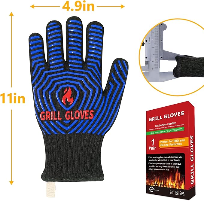 QUWIN BBQ Gloves, Oven Gloves 1472??Extreme Heat Resistant, Grilling Gloves Silicone Non-Slip Oven Mitts, Kitchen Gloves for BBQ, Grilling, Cooking, Baking-1 Pair (One Size Fits Most, Black/Blue)