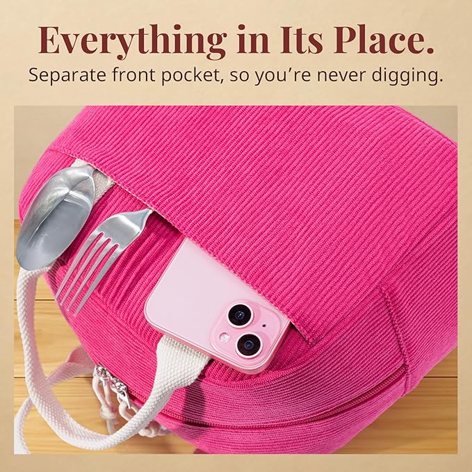 LOVELYWIND Insulated Lunch Bag for Women Men, Stylish Corduroy Tote Bag with Aluminum Lining, Large Capacity Reusable Cooler for Work, Travel, or Beach, Berry Red Lunch Box