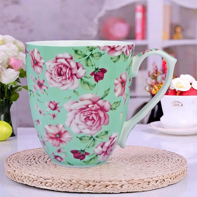 14oz Bone China Coffee Mugs for Women Floral Coffee Mug Tea Cups Novetly Coffee Cups Gift for Women Mom Friends