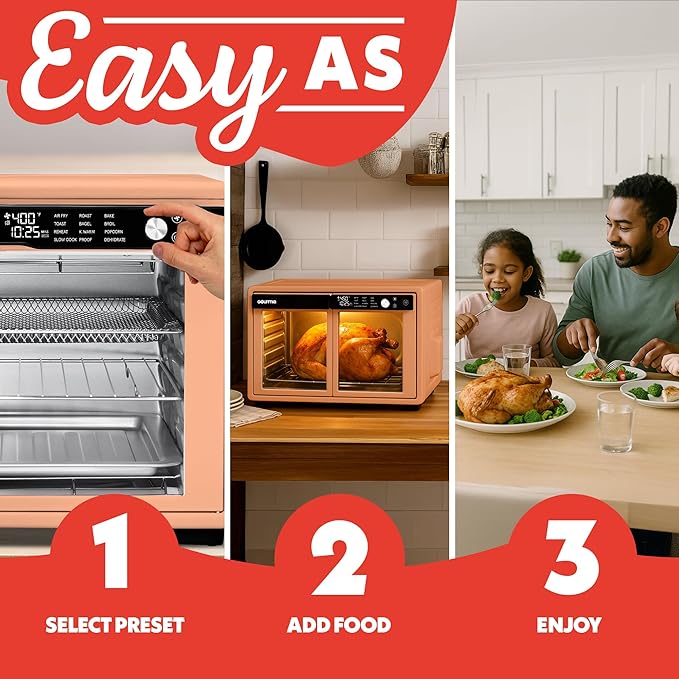 Gourmia French Door Air Fryer Oven - 37 Qt Large Capacity Convection Toaster Oven, FryForce 360°, Digital Display, 12 Cooking Presets, Dehydrate, Fits 13??Pizza, Dishwasher-Safe, Peach